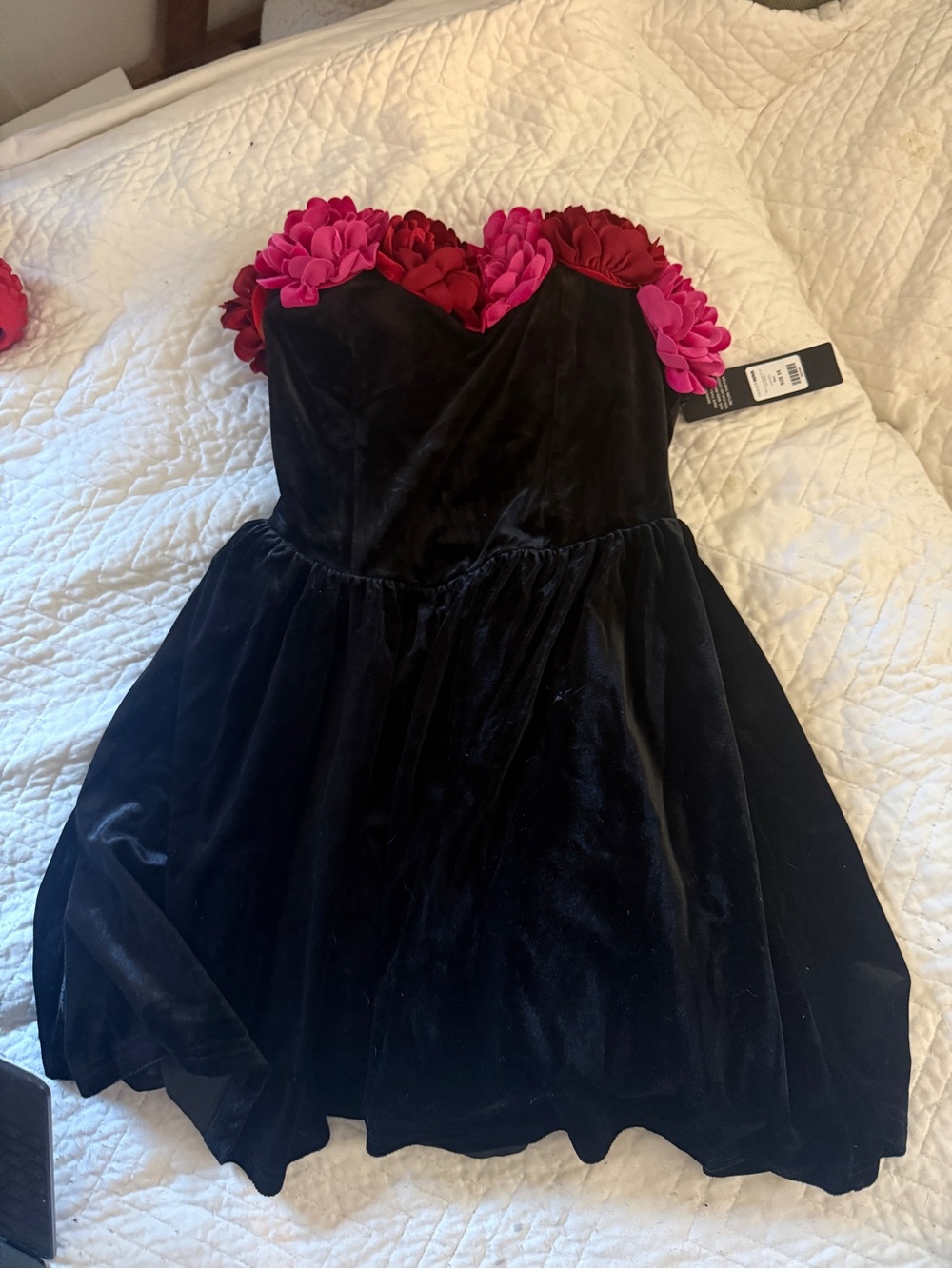 Fashion Nova Black Velvet Strapless Mini Dress with Pink & Red Floral Trim